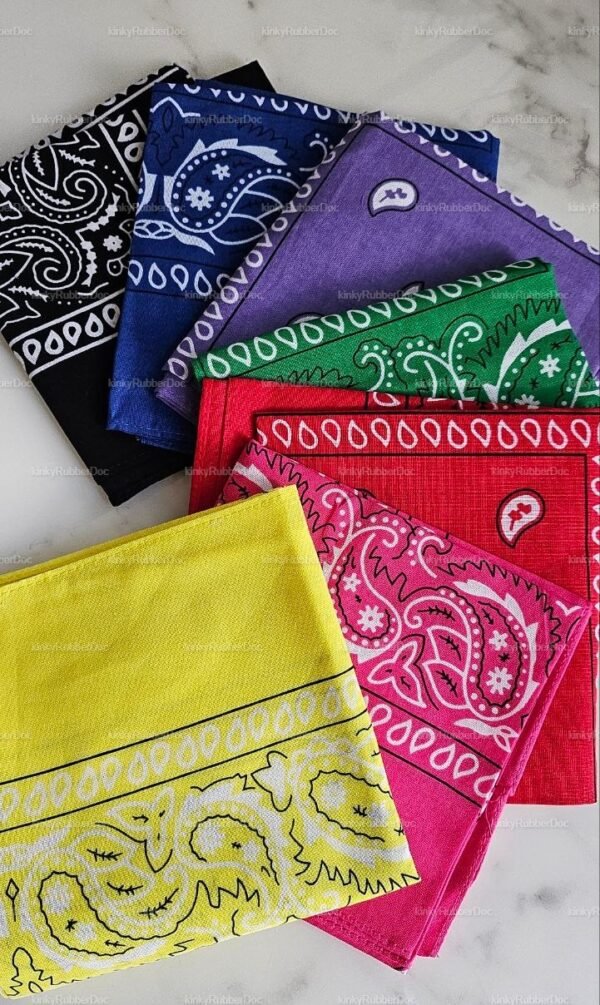 A collection of Code Handkerchief in various colors, featuring classic paisley patterns.