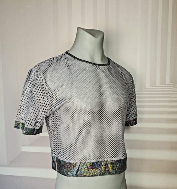 Short sleeve Metallic Mesh Crop Top with rainbow trim, perfect for pride events, raves, and clubwear