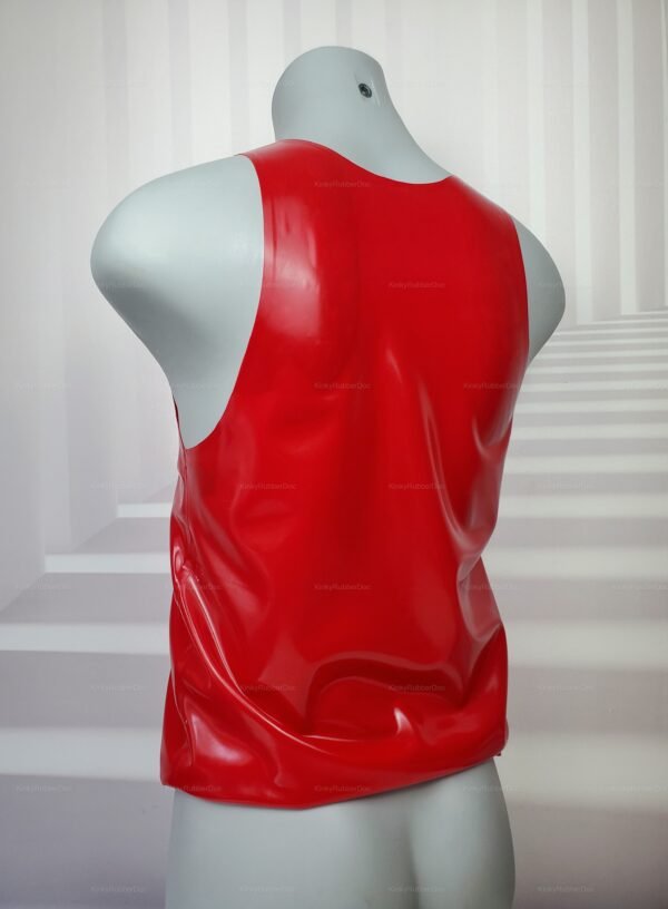Bold red latex vest top with a glossy finish for men's partywear.