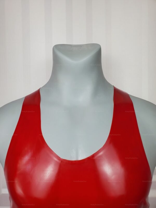 Red latex workout-style top with a shiny finish.