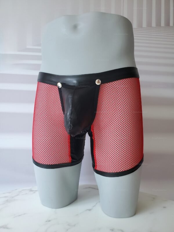 Red mesh fetish shorts with black leather accents and silver button details.