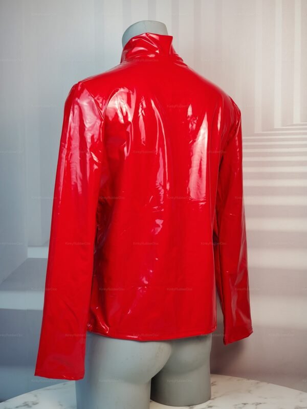 Shiny red PVC jacket with a sleek design and high collar.
