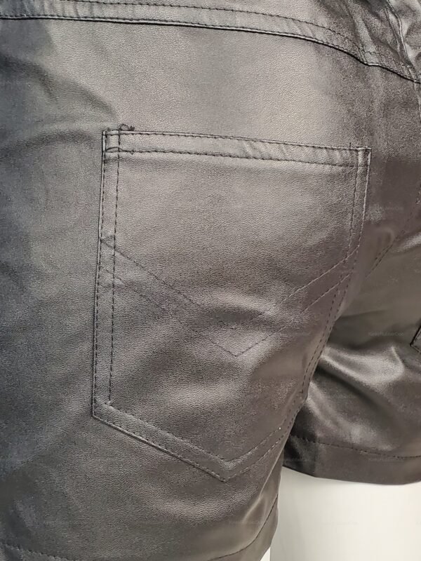 High-waisted reinforced leather shorts with a sleek black finish and sturdy stitching.