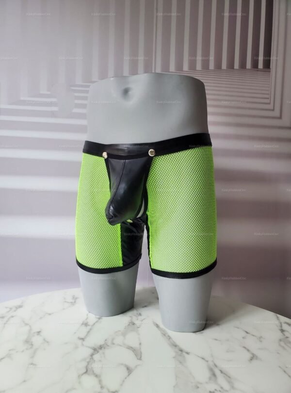 Neon green mesh shorts with a black removable pouch, showcasing edgy kink style.