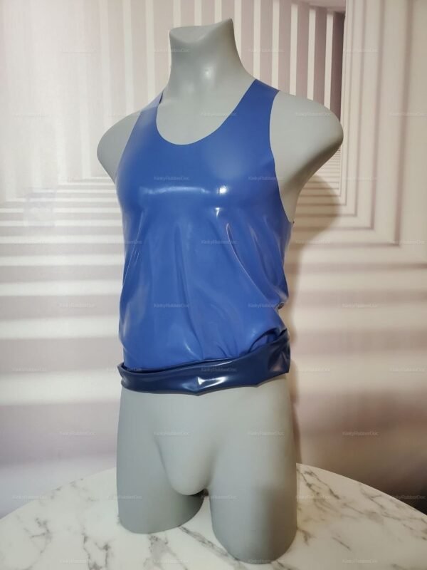 Sleek blue rubber shirt with a glossy finish, designed for a bold and edgy style.