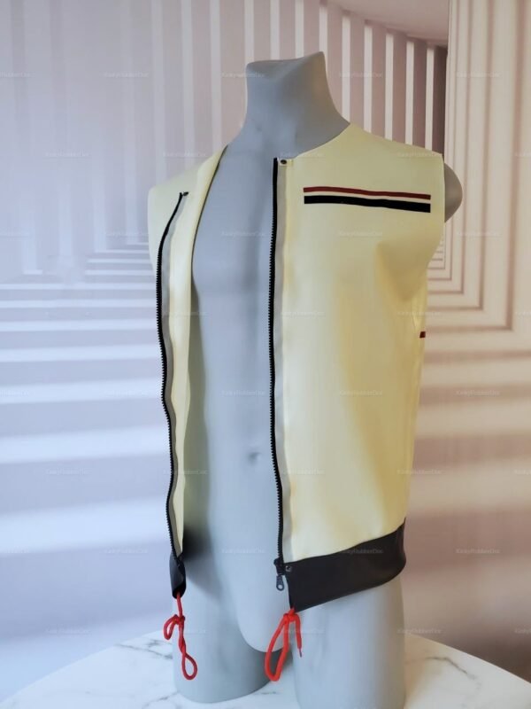 Translucent latex zippered jacket with black trim and red accents.