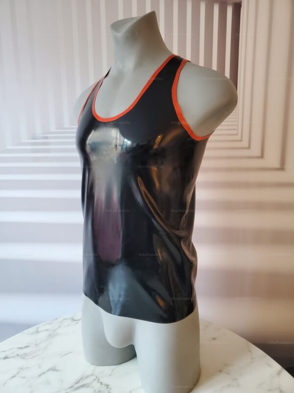 Black rubber tank top with orange trim, designed for fetish fashion enthusiasts.