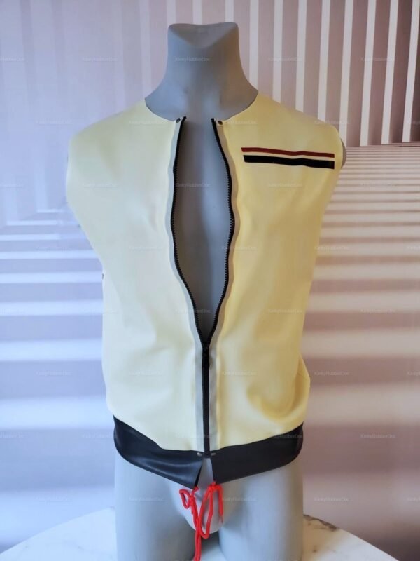 Semi-transparent white rubber jacket with black trim and red accents, designed for a bold, edgy look.