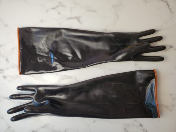 Sleek black rubber gloves with orange detailing for playful and protective experiences.
