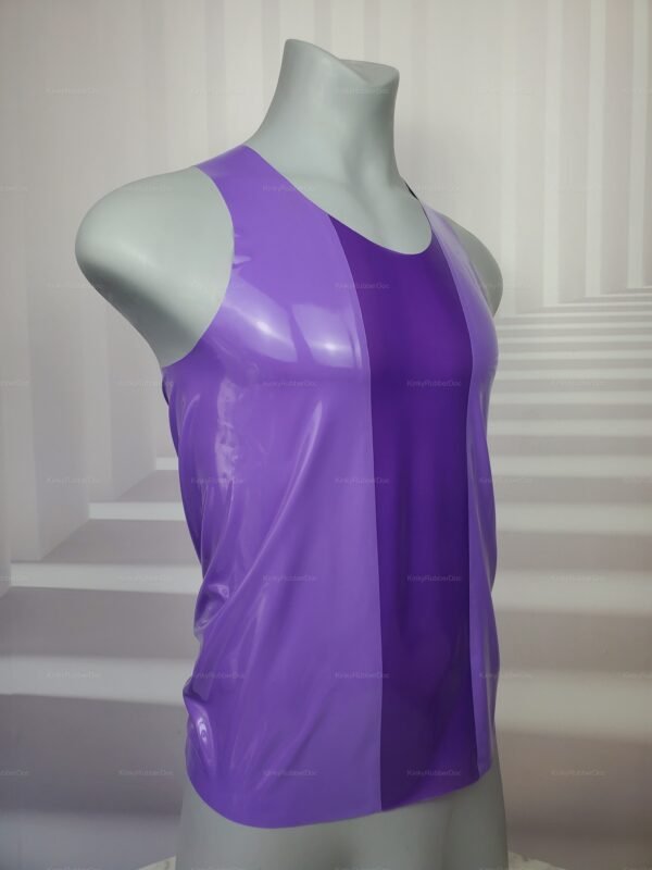 Purple rubber muscle shirt with front and back strap design.