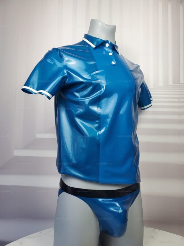 Blue rubber polo shirt with white edging and matching briefs.
