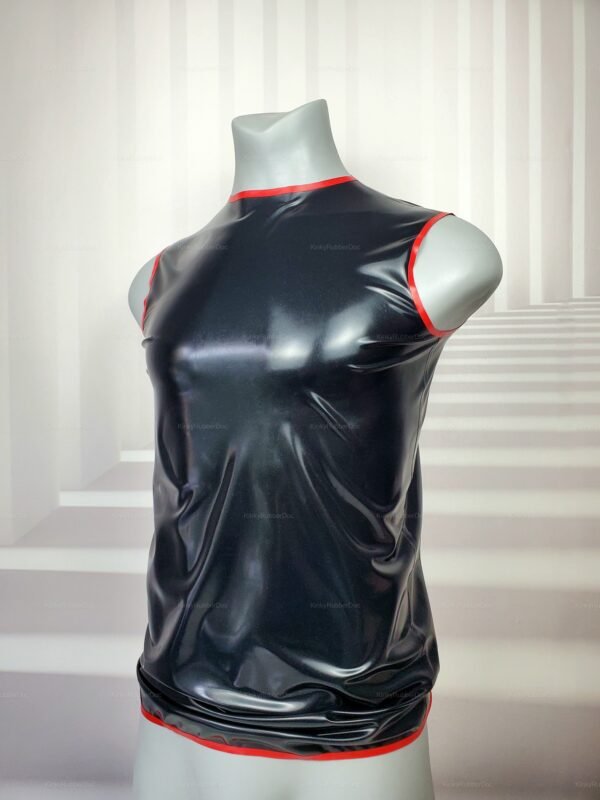 Sleek black rubber sleeveless shirt with red trim for fetish fashion enthusiasts.
