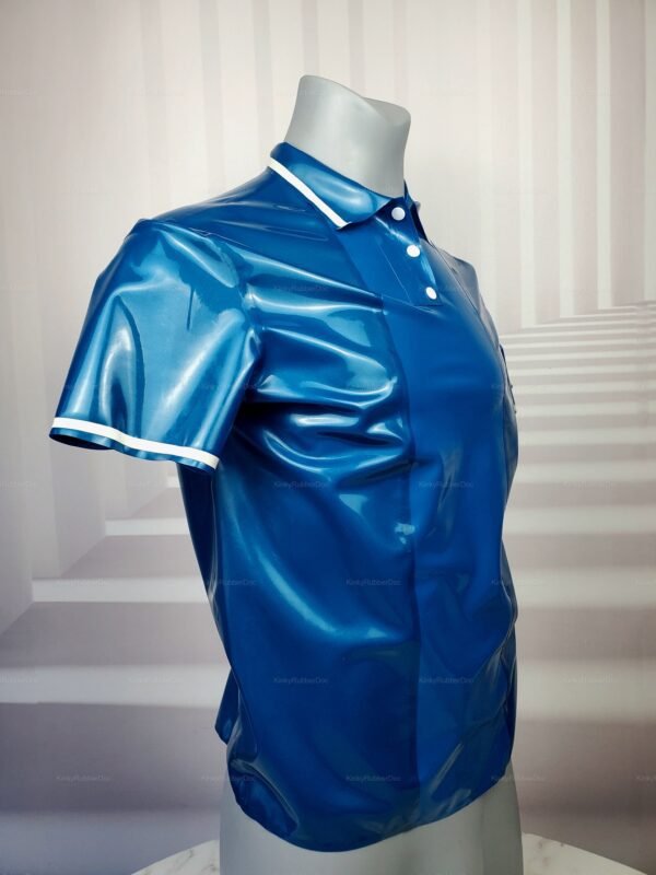 Shiny blue latex polo shirt with white trim, featuring a sleek and smooth texture.
