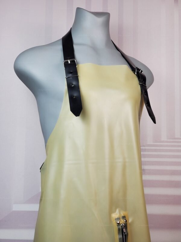 See-through latex apron with metal zip front and adjustable black straps.