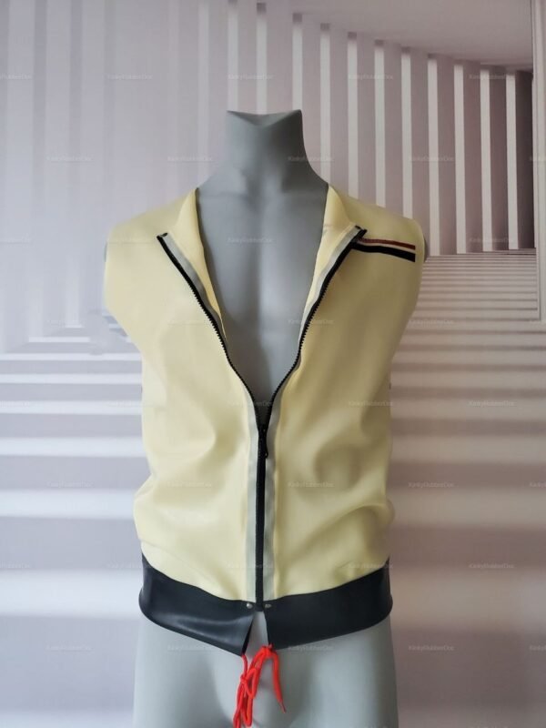 Sleeveless see-through latex jacket with zipper front and contrasting trim.