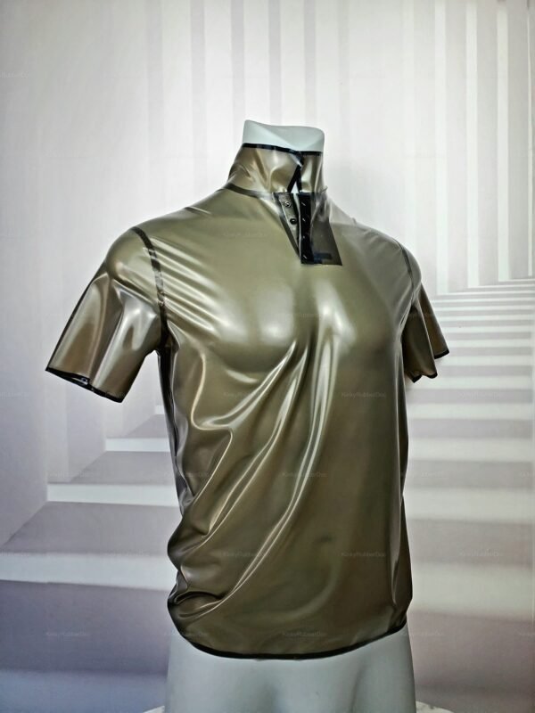 Transparent latex polo shirt with high collar and short sleeves, designed for a bold and edgy look.