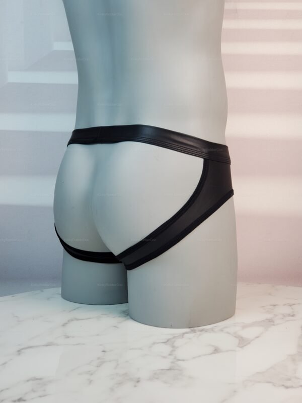 Sleek black leather jockstrap with a bold, minimalist design.
