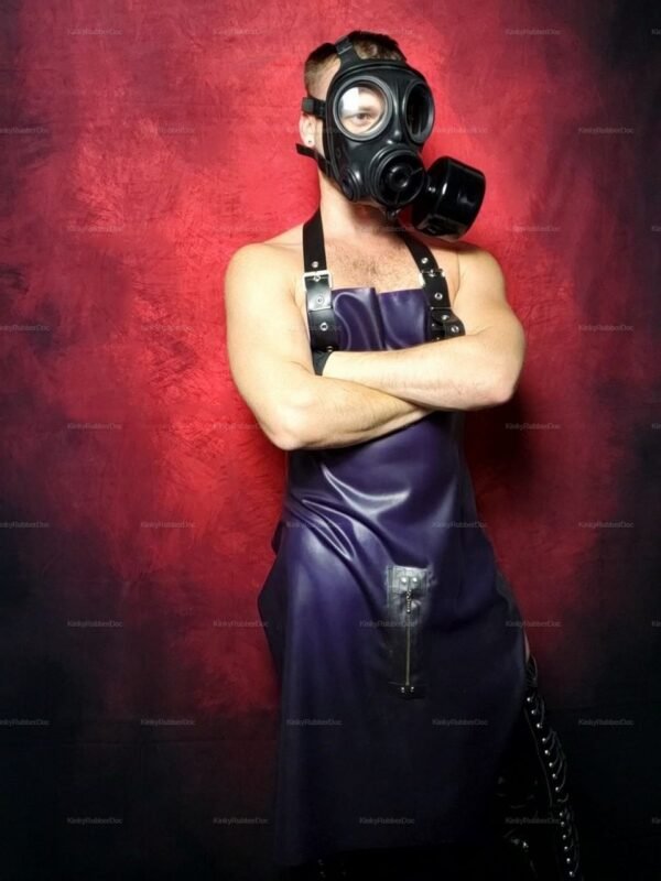Sleek latex apron with an exposed zipper, paired with a striking black gas mask.