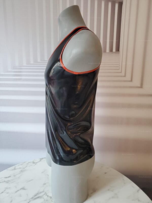 Sleek latex top with vibrant orange trim, designed for men, offering a bold and edgy fetish fashion statement.
