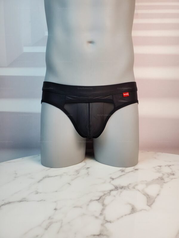 Black leather briefs with mesh panels for men, designed for a bold and edgy look.