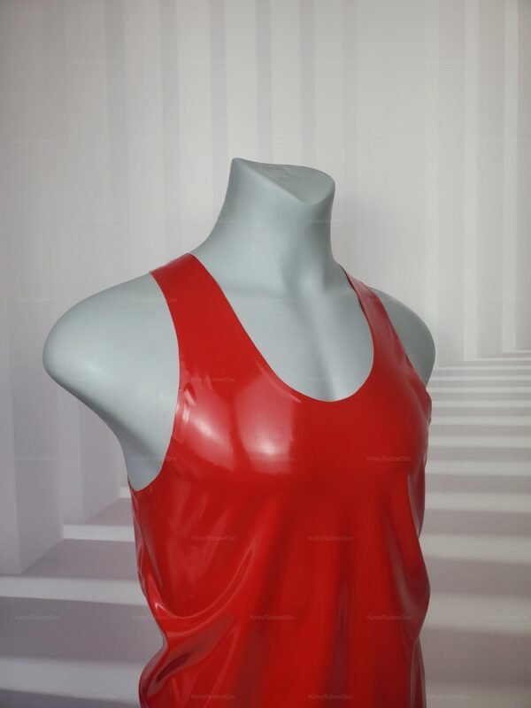 Shiny red latex tank top for men, ideal for clubwear and fetish fashion.
