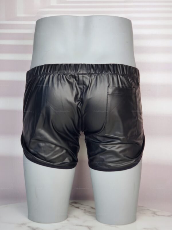 Shiny black men's shorts with a sleek, smooth finish and casual style.