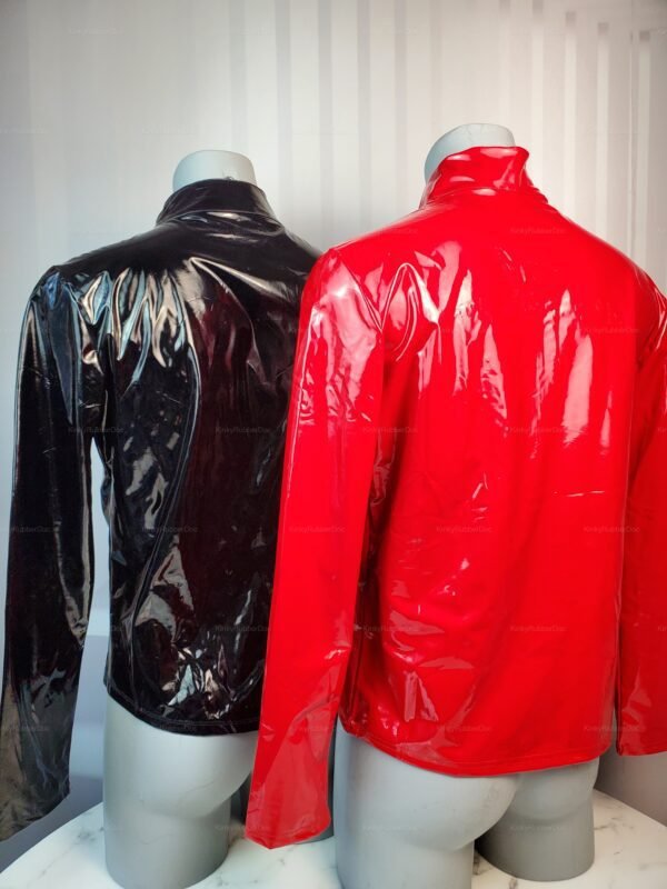 Glossy black and red PVC jackets with high collars and sleek finishes.