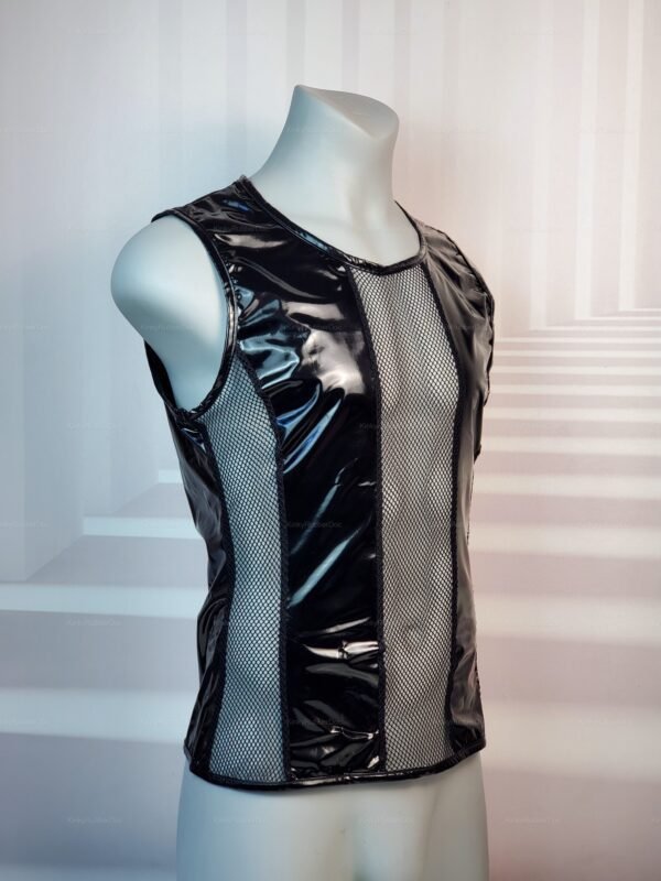 Shiny black PVC tank top with mesh panels, exuding a sleek and edgy vibe.