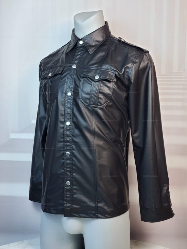 Shiny faux leather military-style shirt with button details and chest pockets.