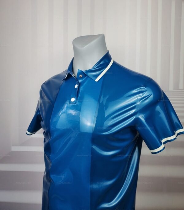 Blue latex polo shirt with a glossy, transparent finish and white trim.