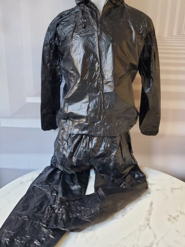Sleek black PVC sweat top and pants with a glossy finish and hood.