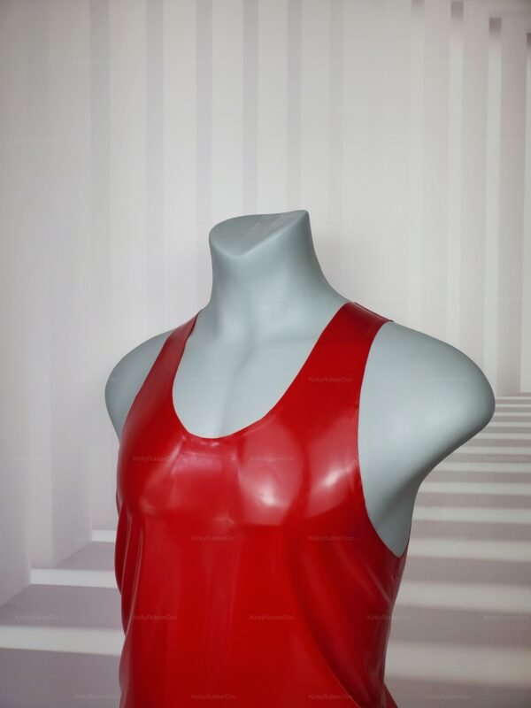 Red latex muscle shirt with a glossy finish, front view.