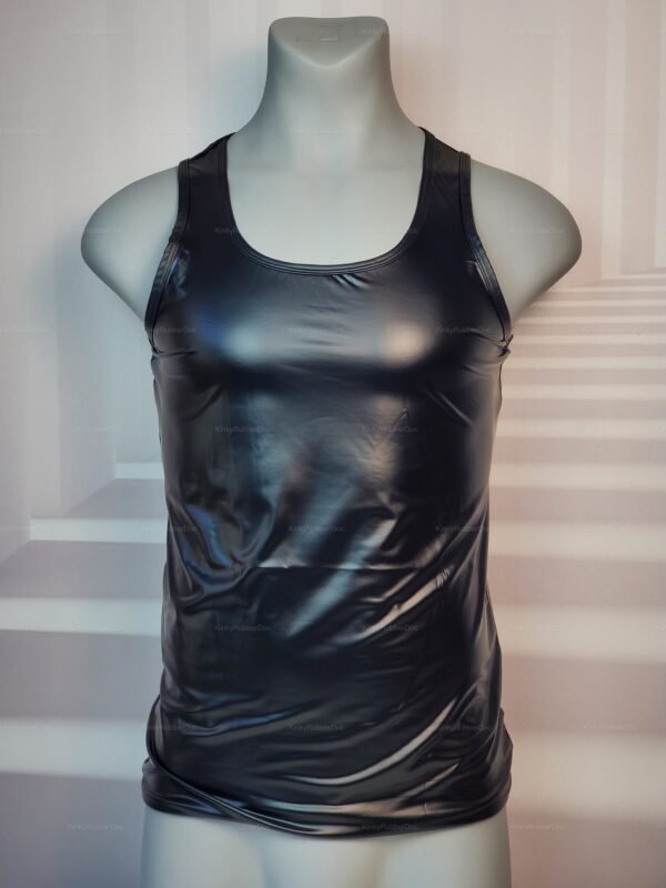 Shiny black vegan leather muscle tank top.