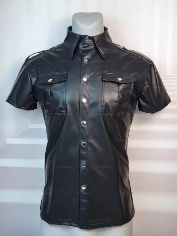 Sleek short-sleeve faux leather shirt with button-down front and chest pockets.