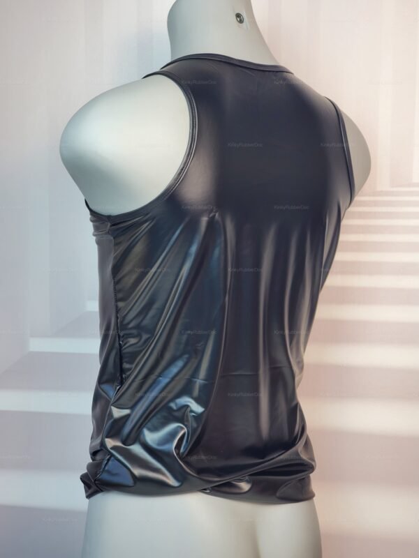 Sleek black faux leather tank top with a glossy finish.