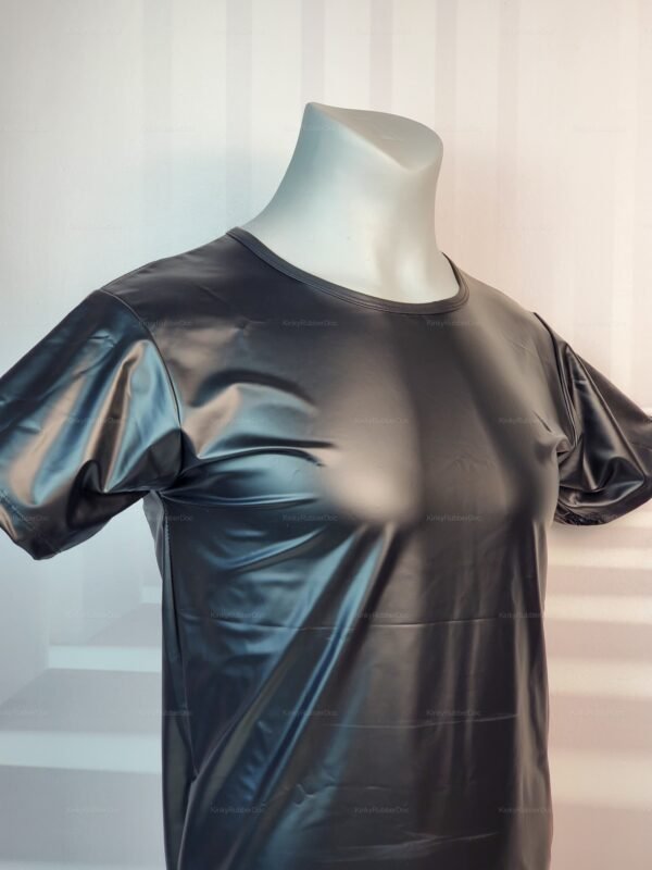 Black faux Leather Stretch T-Shirt with short sleeves and glossy finish on mannequin