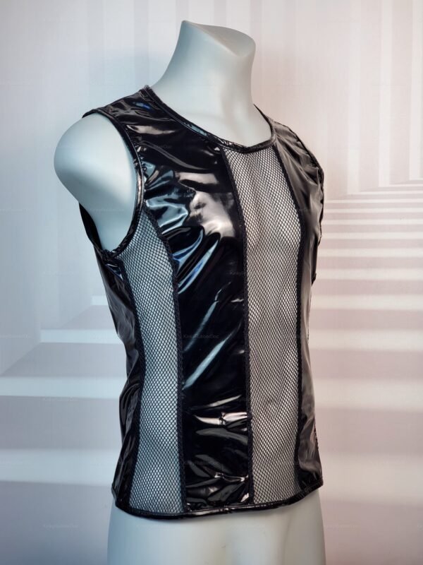 Mesh Sleeveless Shirt black PVC tank top with mesh side panels and glossy wetlook finish