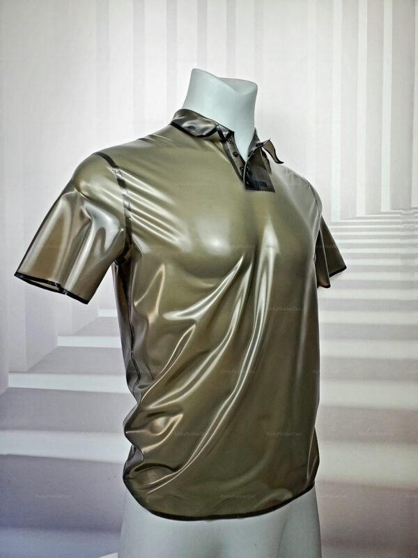 Smoke-colored latex polo shirt with button-up design, featuring a sleek and shiny finish.