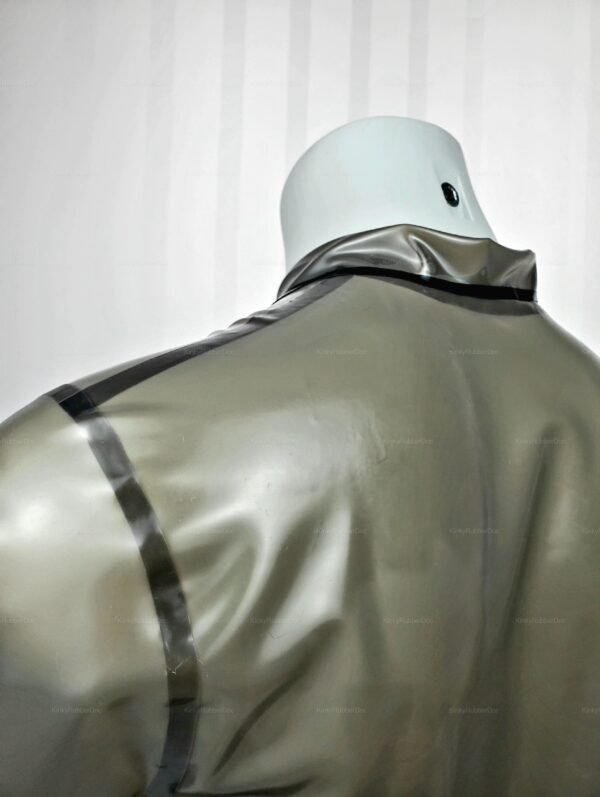 Smoky see-through latex shirt with sleek black accents.