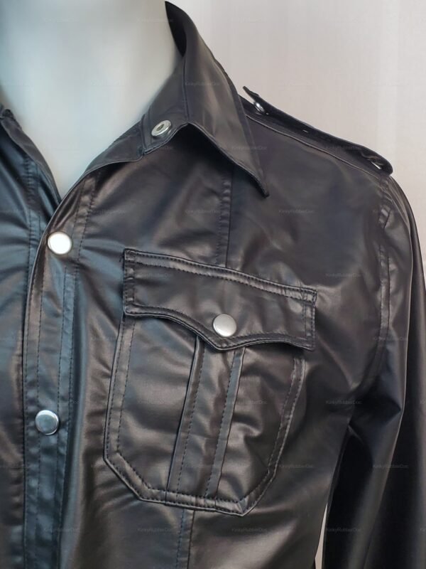 Sleek leather-look shirt with snap-button closures and a front pocket.