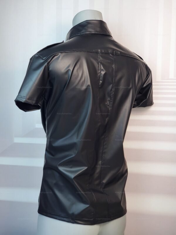 Sleek black PVC shirt with snap-button closure, short sleeves, and a glossy finish.