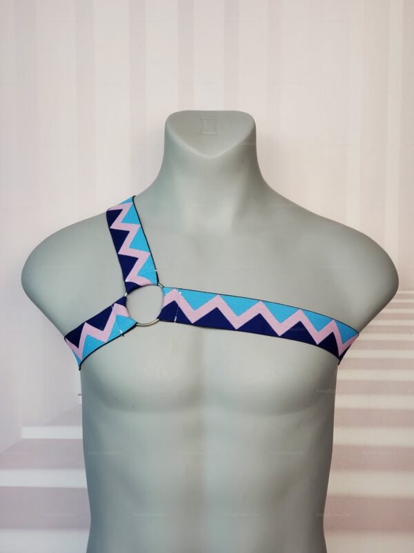 Colorful spandex harness with zigzag pattern and metal ring.