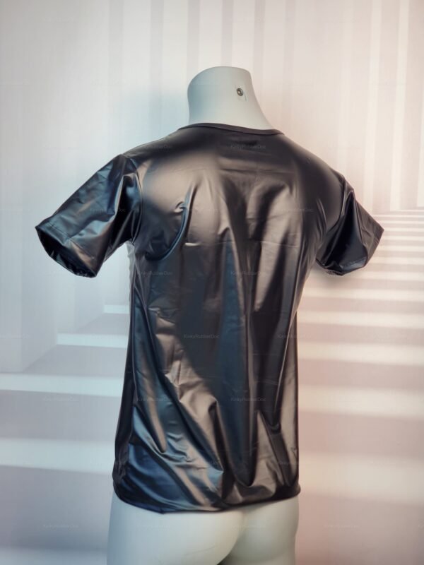 Shiny black stretch faux leather short sleeve top with a glossy finish.