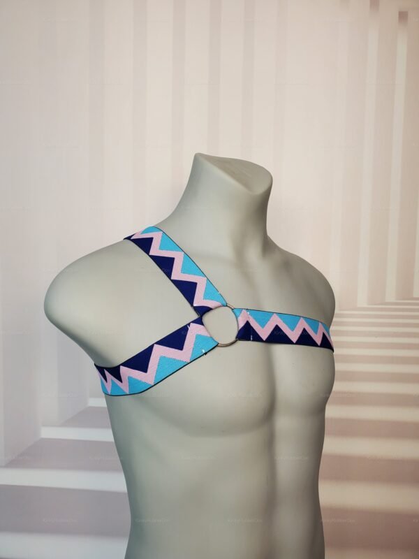 Vibrant harness with zigzag pattern in blue, pink, and black colors.