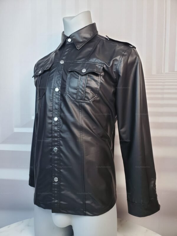 Sleek black vegan leather shirt with snap buttons and chest pockets.