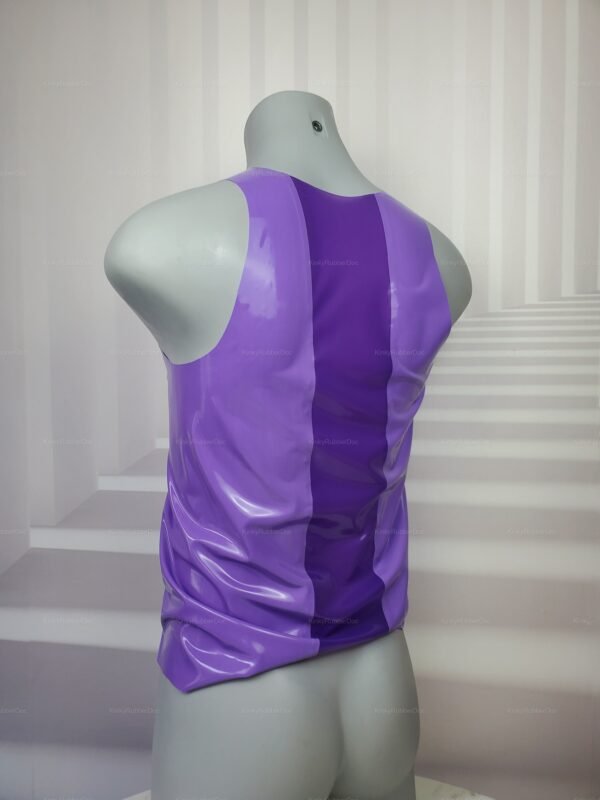 Purple striped latex tank top with a glossy finish, designed for clubwear and fetish fashion.