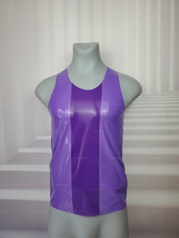 Sleek sleeveless latex top in purple and lavender stripes.