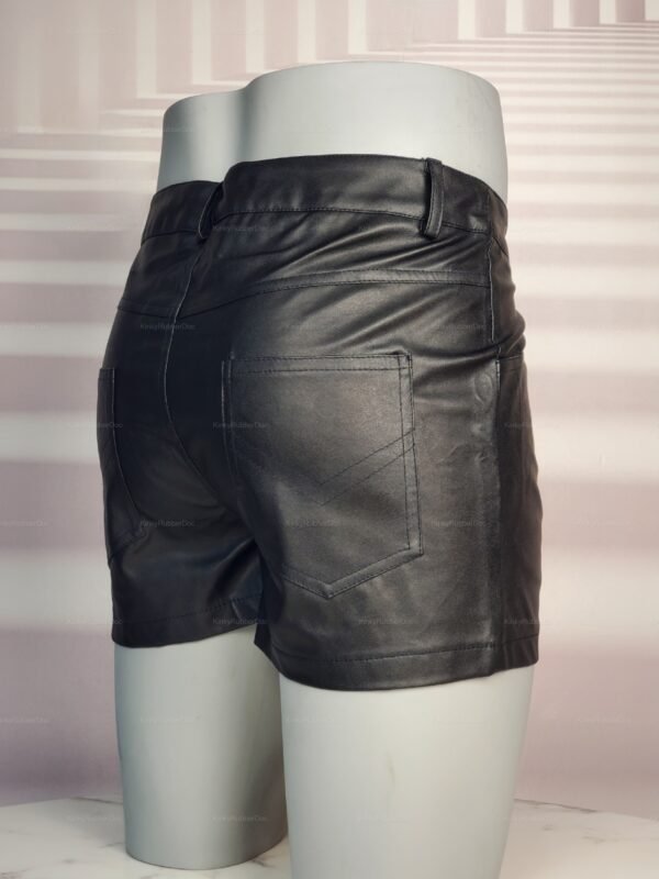 Black faux leather shorts with back pockets, showcasing a sleek and sturdy design.