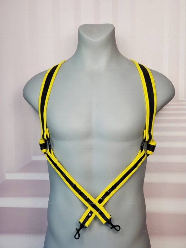 A vibrant yellow and black neoprene harness with suspenders-style design.