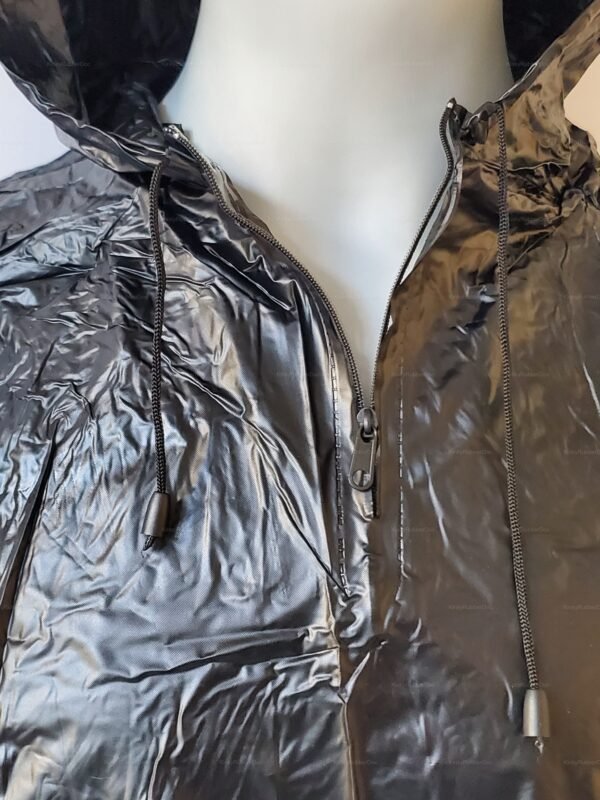 Sleek black PVC jacket with a glossy finish, featuring a hood and zip-up front.